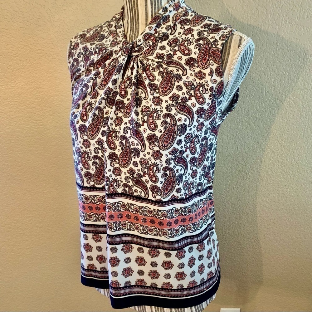 Tommy Hilfiger Tunic Top XS Sleeveless White Paisley Navy Pink Beige Stretch - Picture 5 of 13